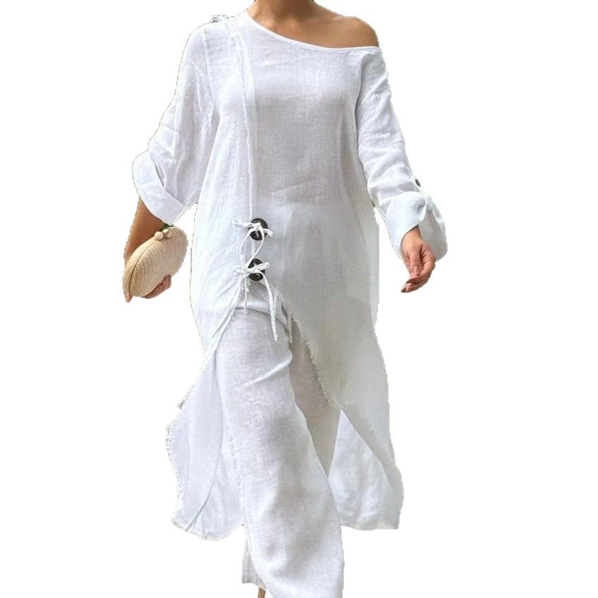 Wooden-button Loose Asymmetrical Robe Set With Long Pants