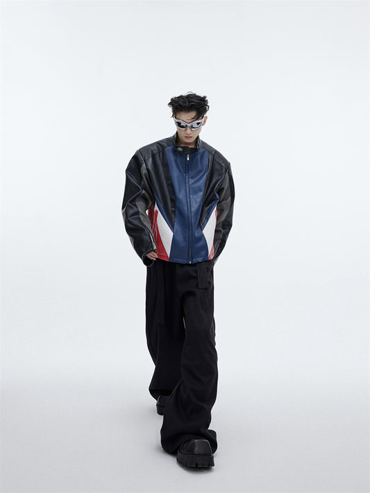 Men's Splicing Color Motorcycle Suit PU Leather