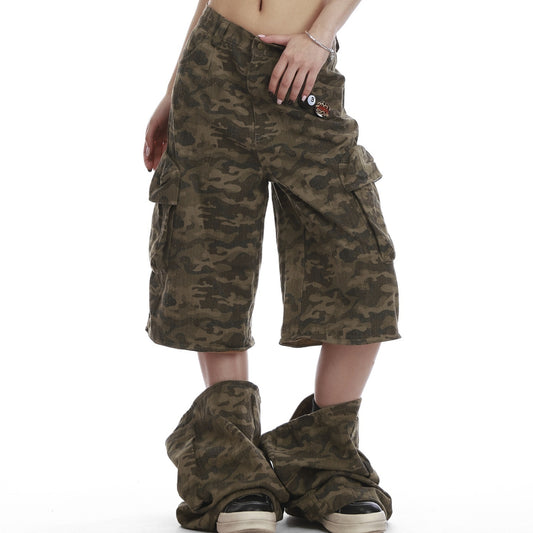 Camouflage Multi-bag Women's Wide-leg Pants Summer Detachable Cropped Pants