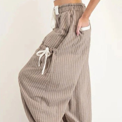 Brown Striped Drawstring Cargo With Pockets Jogger Pants