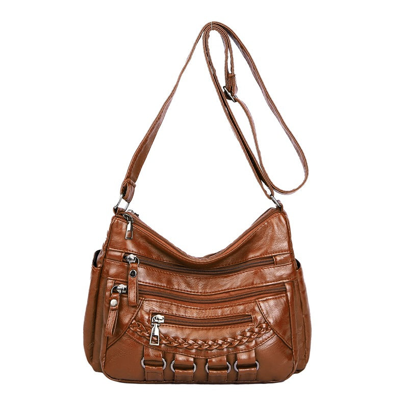 Large Capacity Multi Compartment Shoulder Washed Soft Leather High-grade Messenger Bag