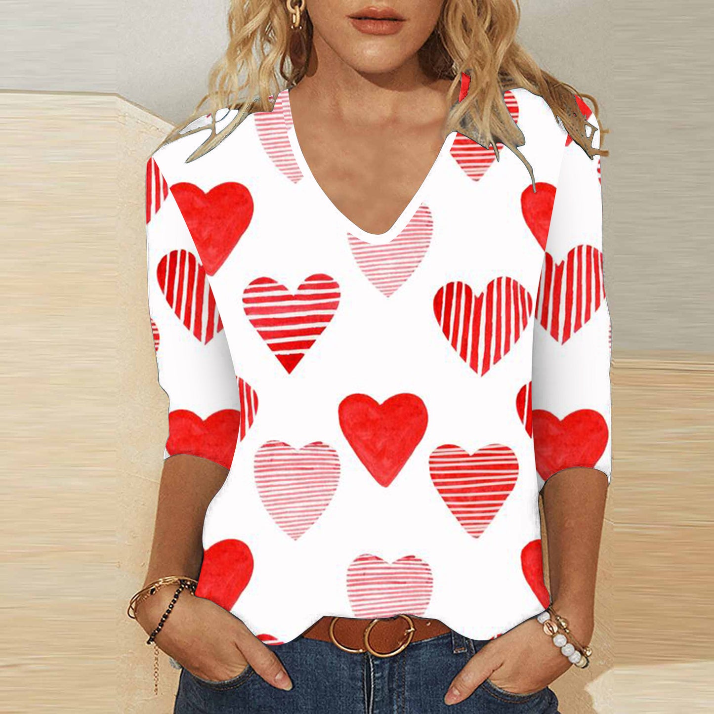 3D digitaltryk Valentinsdag Hjerteprint Kvinders søde afslappede løse V-hals 3/4-ærmet T-shirt