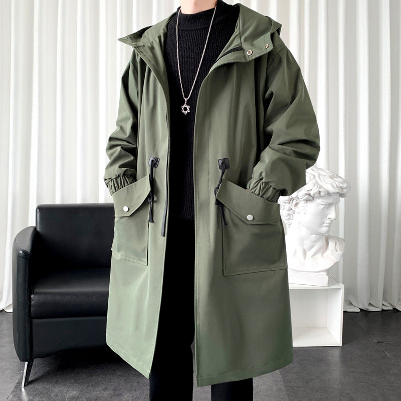 Men's New Windbreaker Long Hooded Big Pocket Jacket