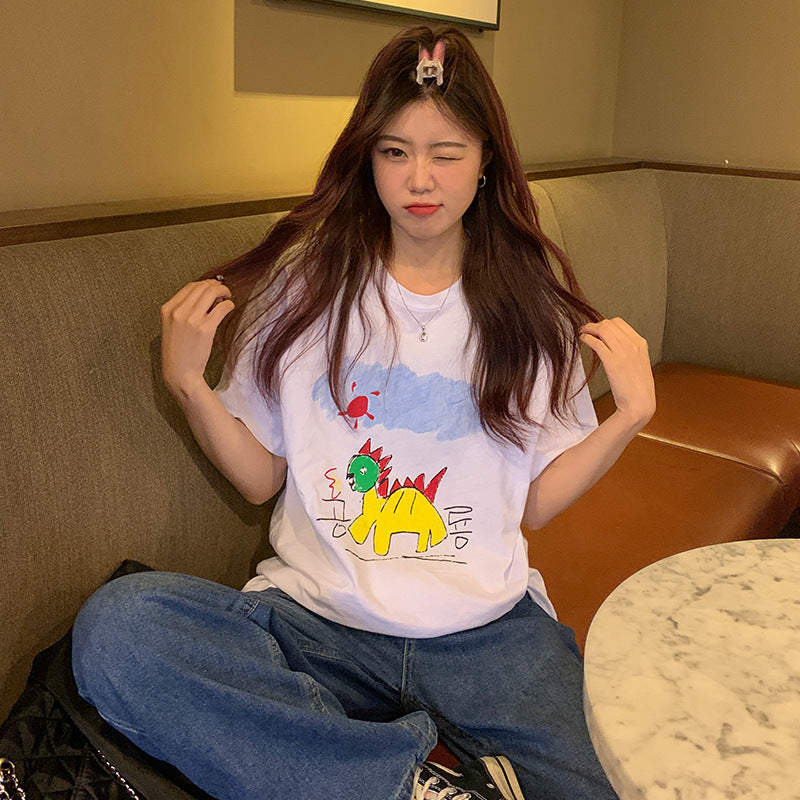 Cartoon Childlike Dinosaur Print T-shirt Women