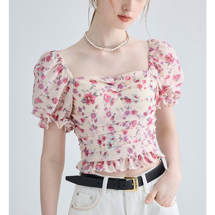 French Slim Floral Short Sleeved Shirt