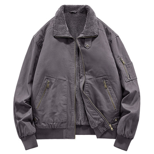 Men's Fleece-lined Washed Cotton Jacket Trendy Windproof