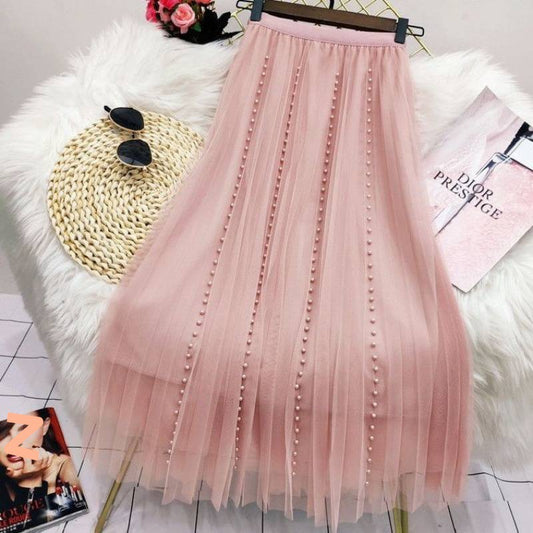 Pleated Mesh Skirt Women's Mid-length High Waist Long Skirt