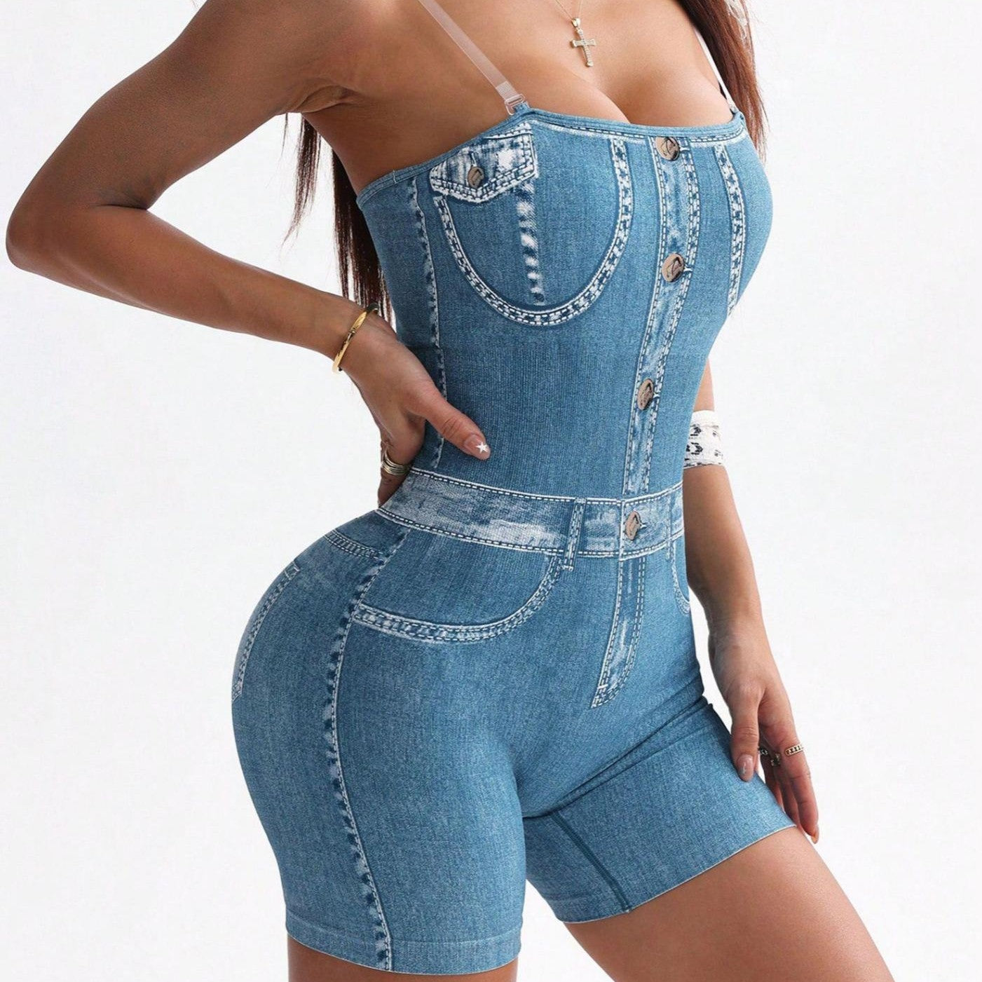 Denim Camisole Vest Shorts Jumpsuit 3D