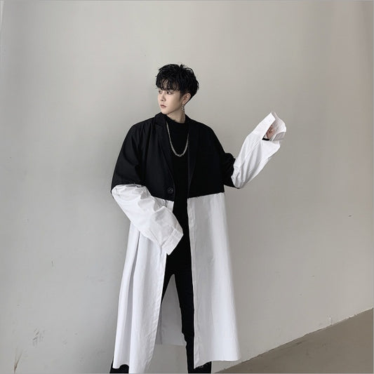 Black and white contrast color mid-length trench coat