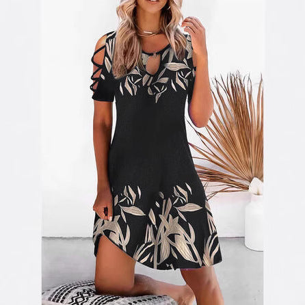 Womens Printed Short-Sleeve Off-Shoulder Casual Vacation Cinched Dress