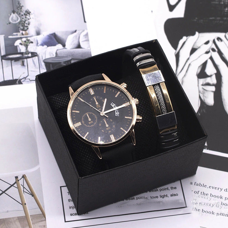 Modetrend Afslappet Falsk Tre-nåls Kalenderrem Stort Urskive Kvartsur Og Armbånd