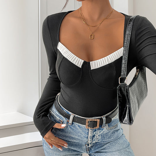 Long Sleeve Square-neck Contrast Color Knitted Jumpsuit