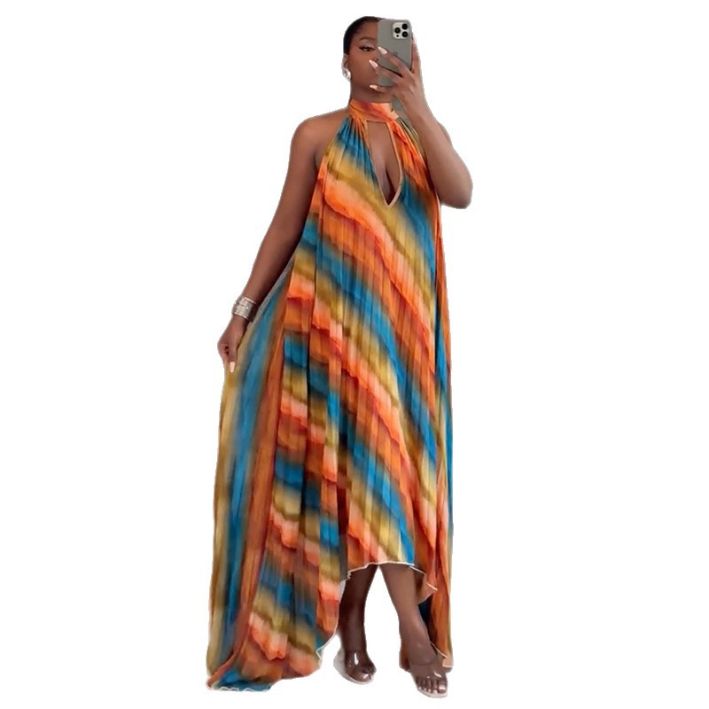 Neck-hanging Printed Hollow-out Loose Pleated Maxi Dress Long Skirt