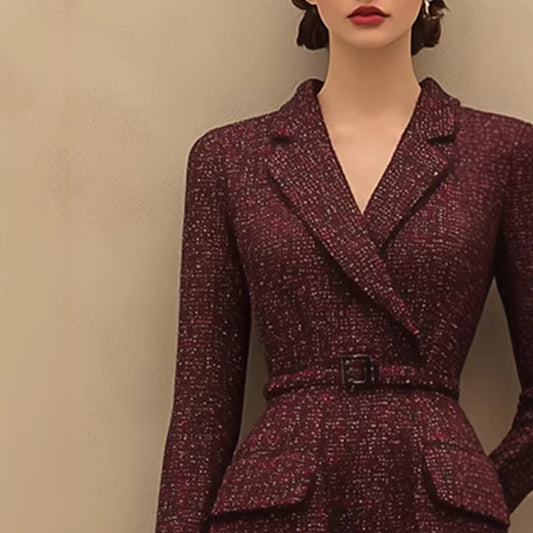 Retro Elegant Red Tweed Skirt With A Lapel Neckline