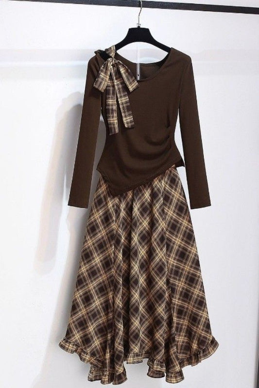 Irregular-shoulder Long-sleeve Top With A Plaid Skirt