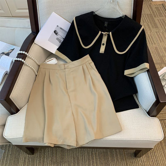 Chanel-style Notched-collar Contrast-color Short-sleeve Fashion Set