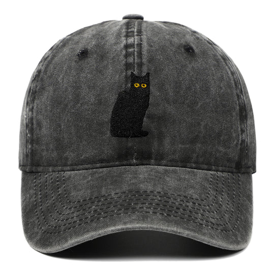 Sitting Black Cat Embroidered Baseball Cap Worn Looking Washed-out