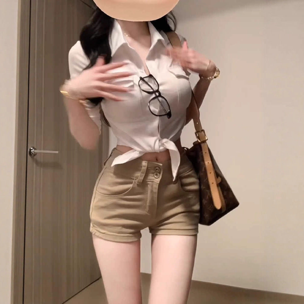 Khaki Double-Button Denim Shorts Women's Summer Style