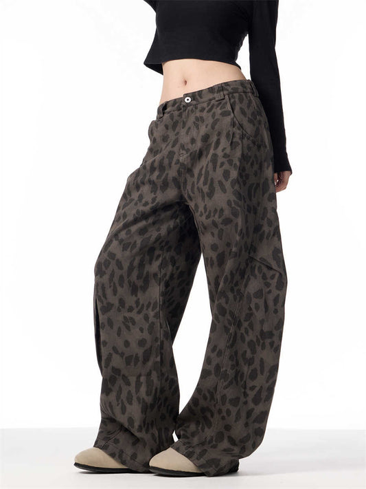 Retro Leopard Jeans Women's Loose Straight Wide-leg Pants