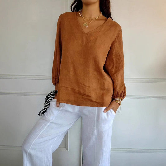 Womens Solid-Color V-Neck Long-Sleeve T-Shirt