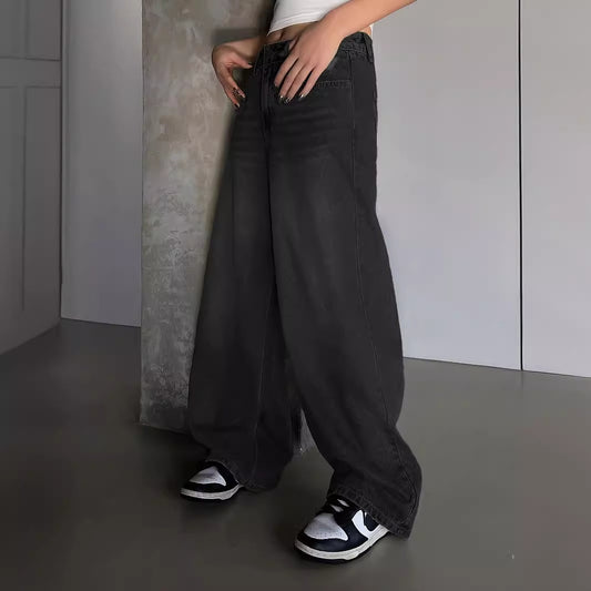 Vandvaskede blå ekstra lange jeans med brede ben og gulvlængde