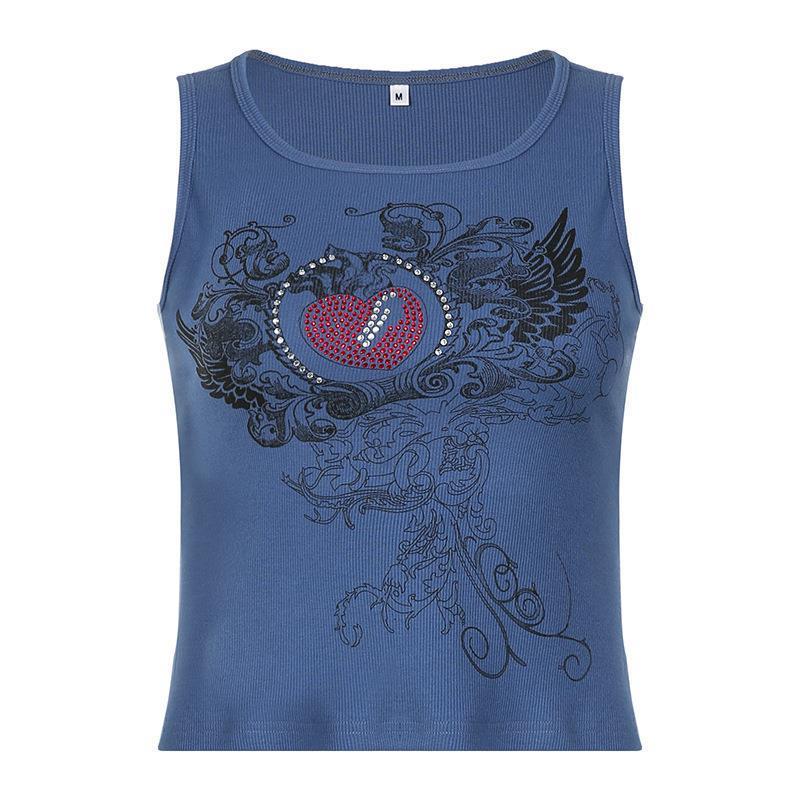 Summer Womens Stylish Rhinestone-printed Slim-fit Tank Top