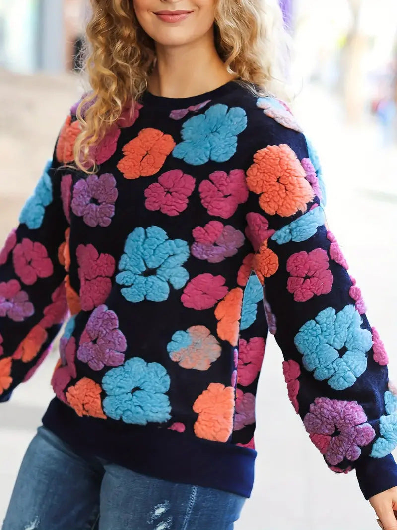 Retro tredimensionel blomsterstrikket, løs temperamentsfuld cashmere-sweater