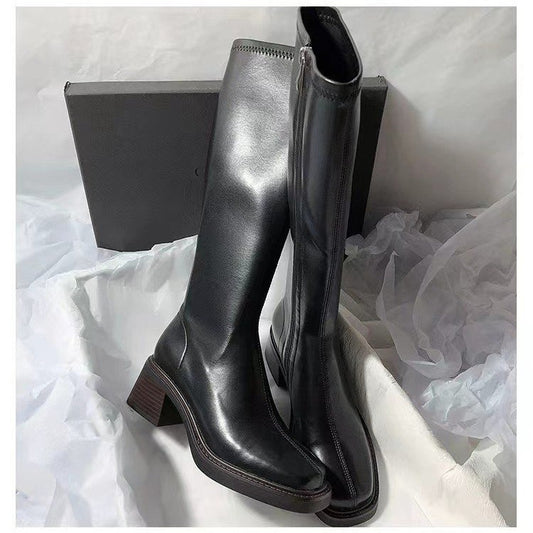 Chunky-Heeled Fashionable Square-Toe Over-the-Knee Boots