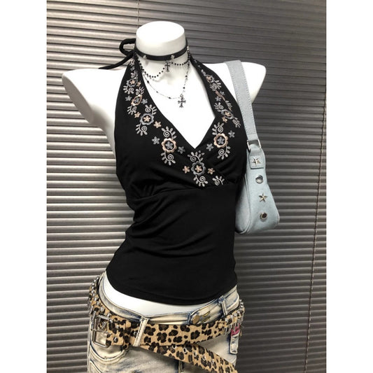 Niche Black V-Neck Embroidered Halter Backless Sophisticated Vintage Top