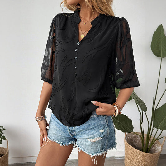 Solid-color Jacquard Pullover Shirt With A Lace-panel Stand-up Collar