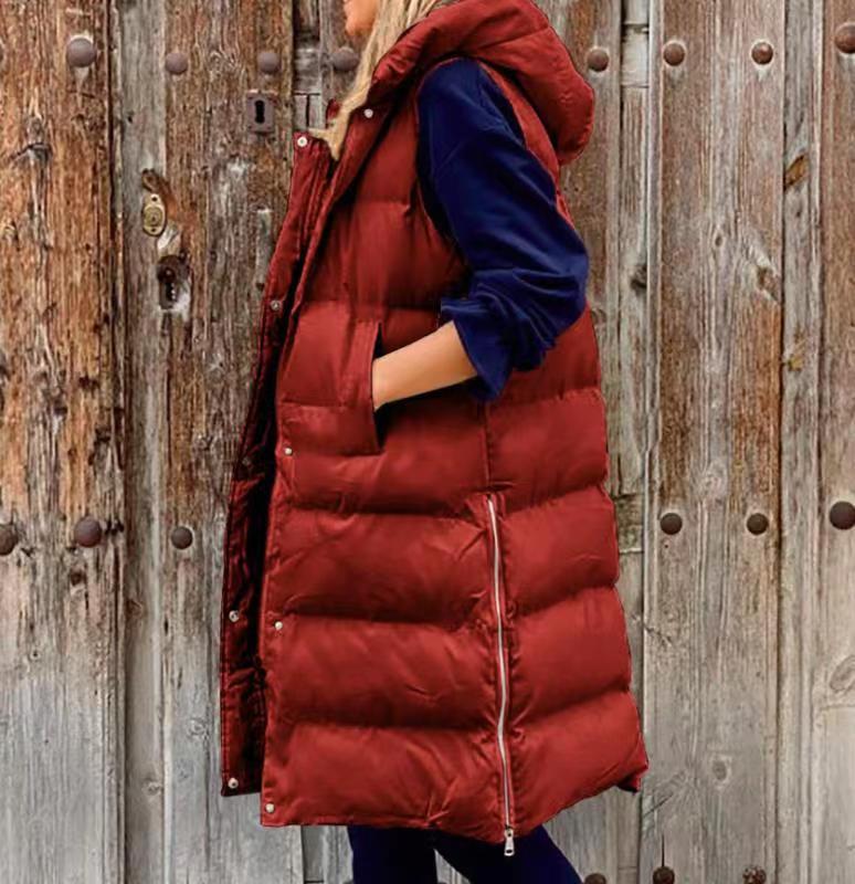 Pure Color Hooded Long Cotton Vest Casual