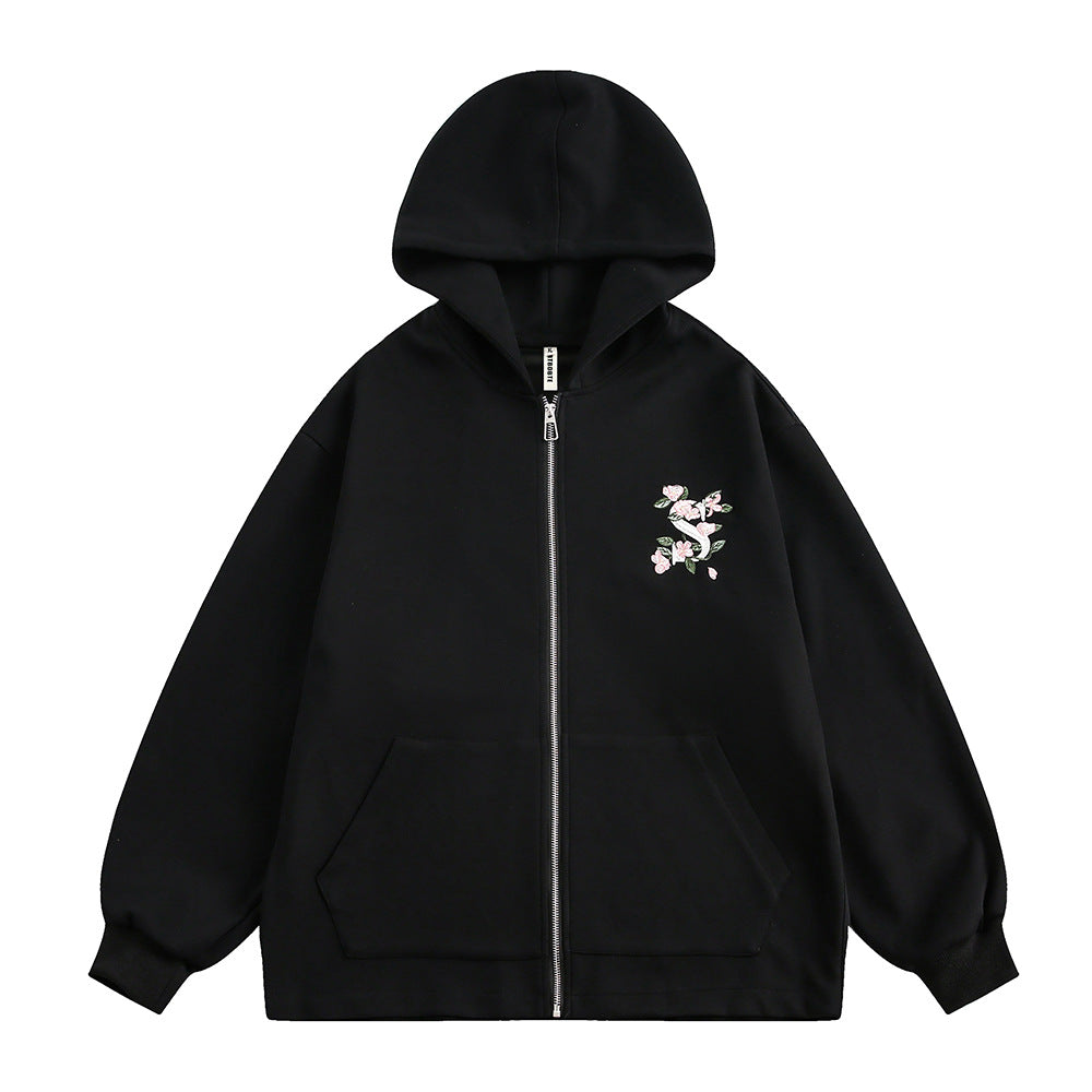 Small Floral Vine Embroidery Hooded Loose Coat