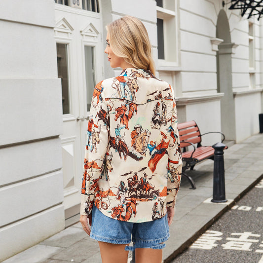 Western Cowboy Style Street-Print Slim-Fit Womens Shirt