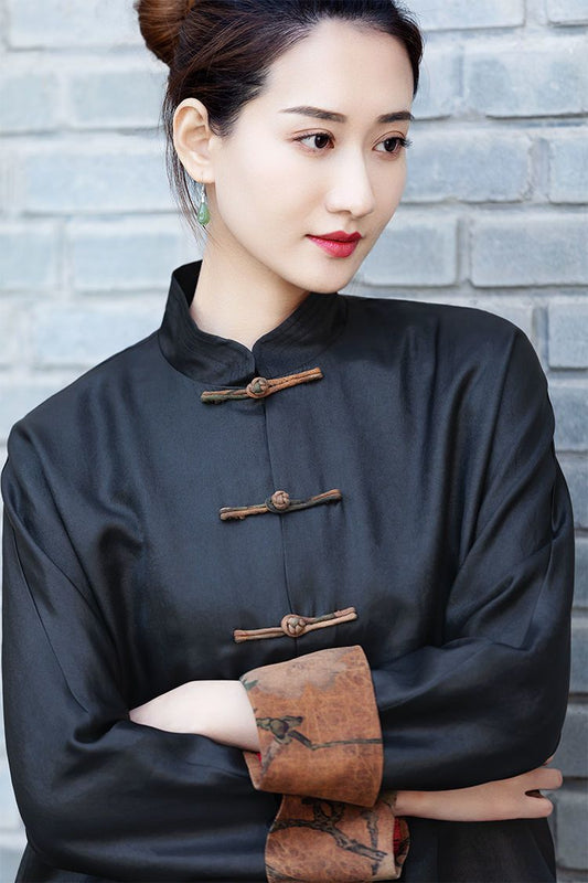 Women's Spring Satin Chinese Blouse Long-sleeved Tang Suit Jacket With A Word Disc Button