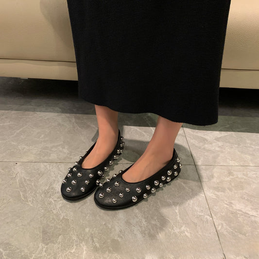 Black Studded Leather Ballet-style Flat Casual Shoes