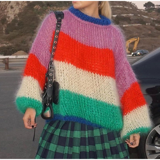 Round Neck Multicolor Lantern Sleeve Sweater Autumn And Winter