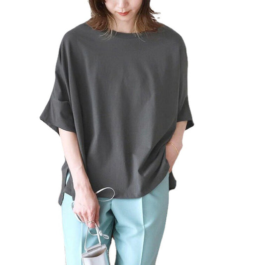 Japansk 6-farvet bomulds-T-shirt med flagermusærmer, oversize, løs pasform til kvinder