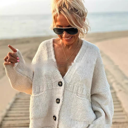 Cardigan Women Coat Long Sleeve V-neck Buttons Pocket