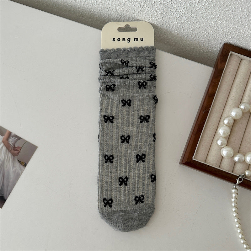 Thin Mesh Hollow Out Floral Bow Mid-calf Length Loose Socks Breathable Sweat Absorbing
