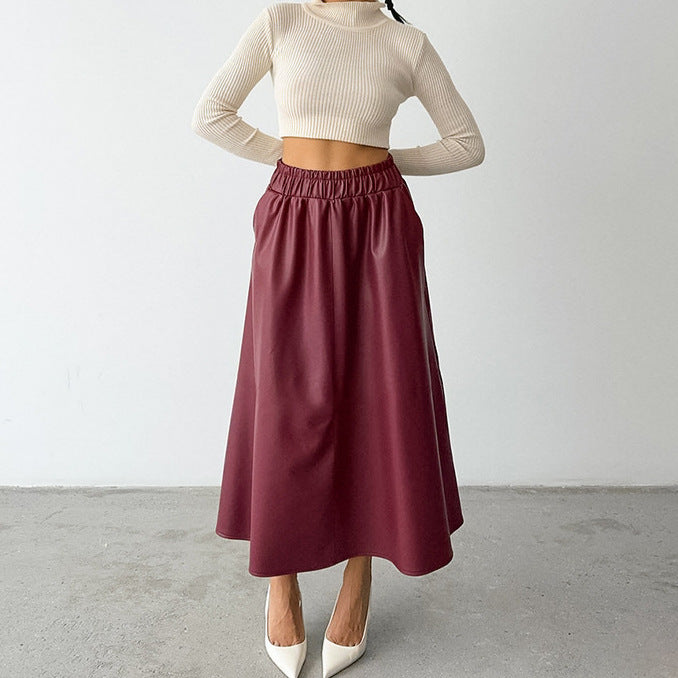 Wine Red Faux Leather High Waist Skirt