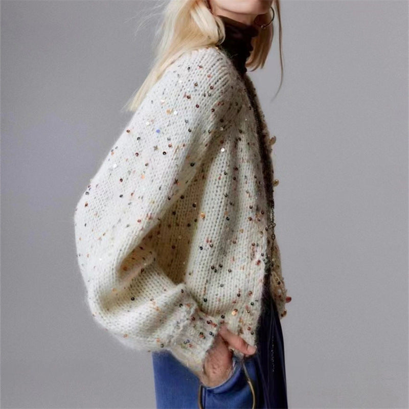Retro Gray Sequins Sweater Cardigan Coat