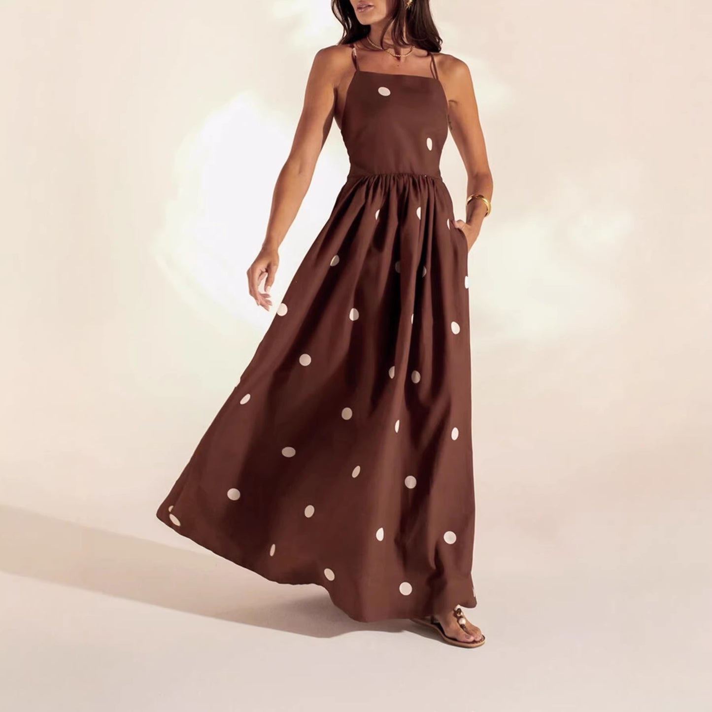 Elegant Polka-Dot Backless Slip Dress With Pockets