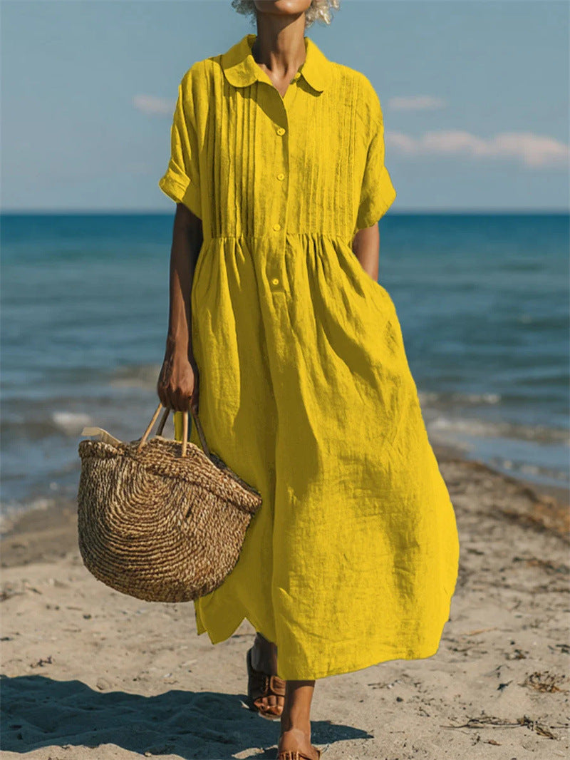 Notch-collar Button-front Pleated Short-sleeve Cotton-linen Dress