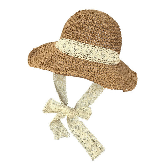 Korean Style Foldable Handmade Straw Hat Summer Lace Strap