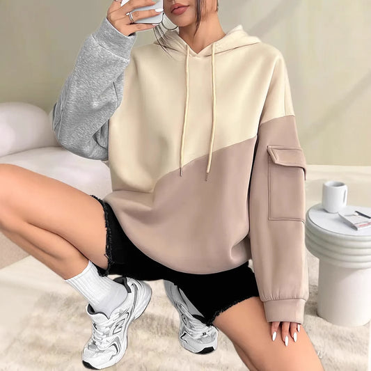 Womens Casual Fashion Color-Block Patchwork Hoodie With Long Sleeves