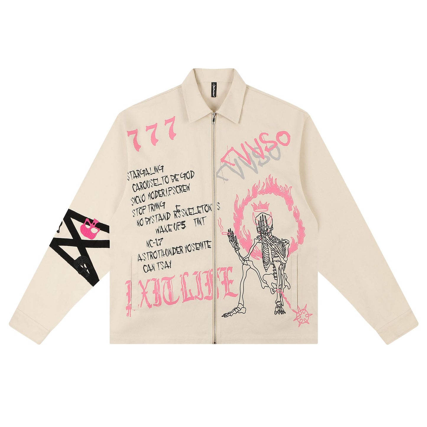 Retro Cartoon Graffiti Print And Embroidery Zip Jacket
