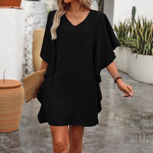 Solid-color Loose-fitting Flowing V-neck Dress With Ruffled Hem