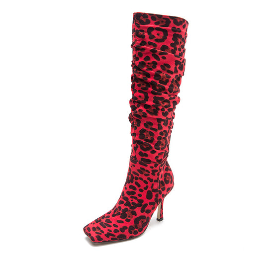 Women's Square Toe Leopard Print High-heeled Boots