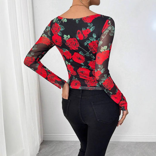 Romantic Rose Flower Mesh Printed Sexy U-neck T-shirt