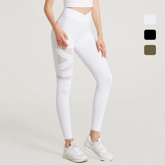 Mesh Stitching Cross Belly And Hip Lift Yoga Trousers